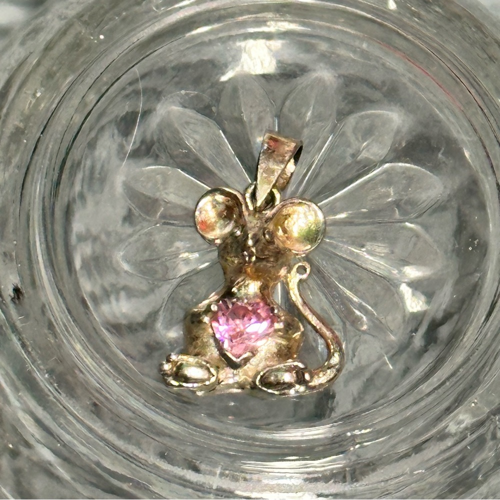 Sterling Silver 925 Mouse Pendant with Pink Gem